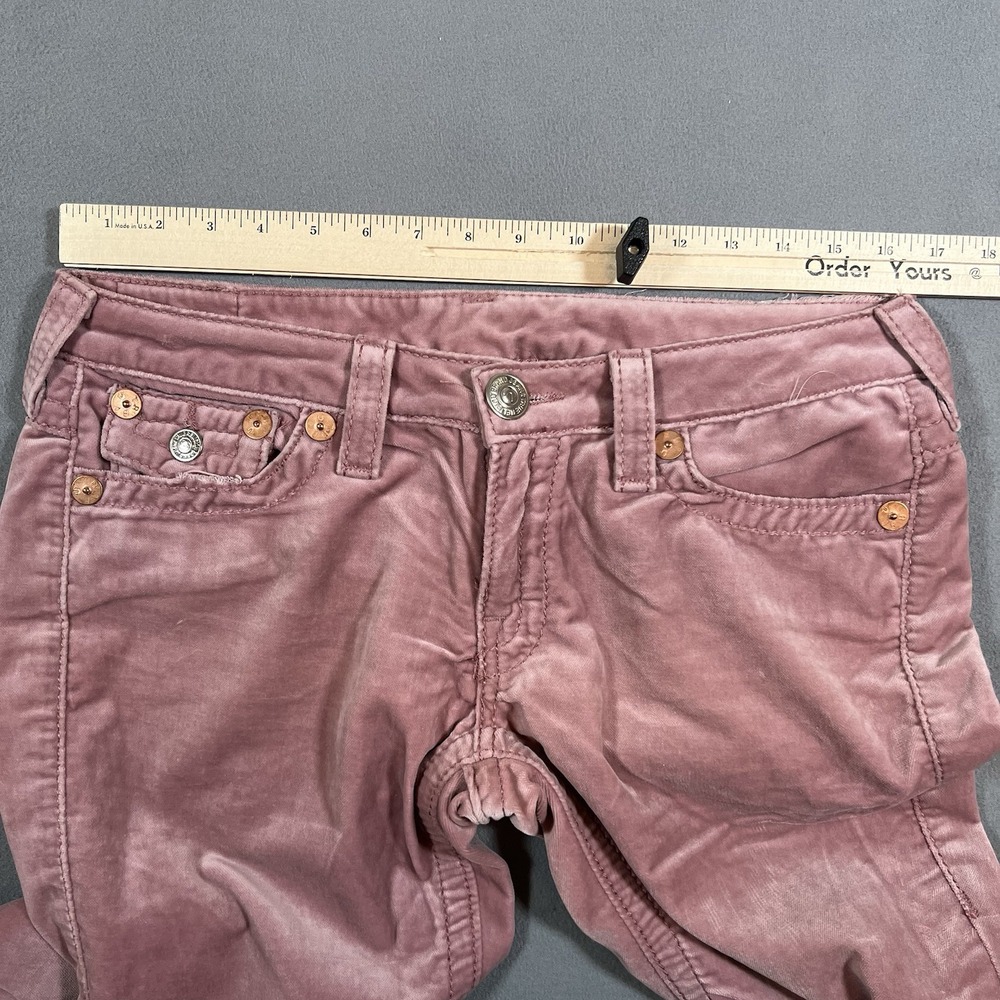True Religion Joey Big T Velour Flare Leg Pants Sz 31x30 Pink Bootcut Flaps USA - Picture 6 of 12